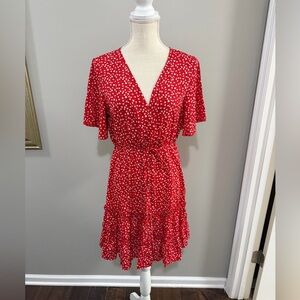 Red & White Floral Wrap Dress with Flutter Sleeves & Tiered Ruffle Hem. Size M